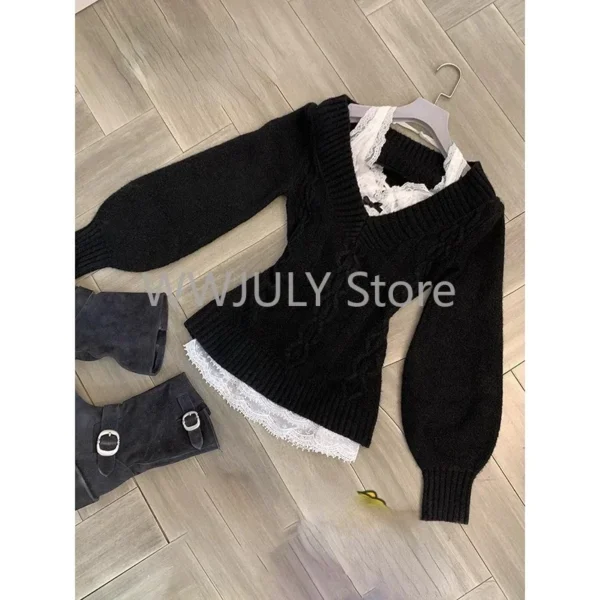 Autumn Winter Women 2000s Aesthetic Gyaru Chic Korean Y2k Two Piece Sets Jumper Sweater Long Sleeve Coquette Knitwears Style - Image 2