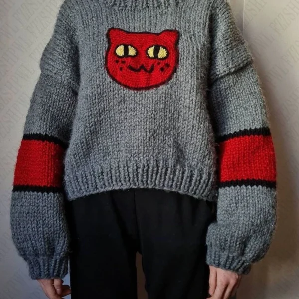 Grunge Vintage Streetwear Autumn Deeptown Black Gothic Cat Women Sweater Y2k Harajuku Japanese Fashion Oversized Knit Pullovers
