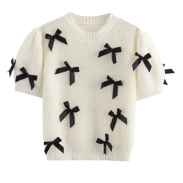 TRAF Short Sweaters For Women Bow Knitted Sweater Woman Jumper Autumn Round Neck Cropped Sweaters Cute Short Sleeve Knit Top - Image 4