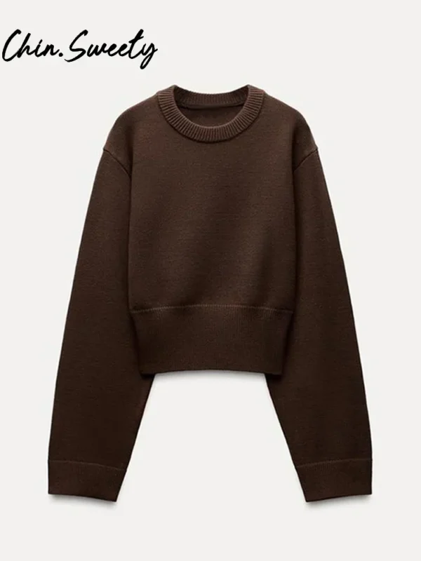 Women's Solid Knitted Crop Sweater Y2K O-neck Long Sleeve Pleated Female Short Pullover 2025 Spring Lady All-match Knitwear - Image 5
