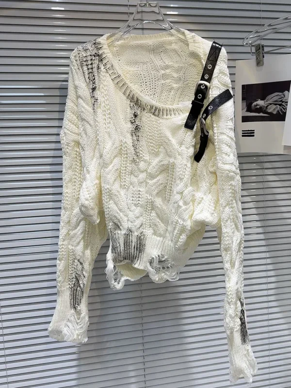 DEAT Vintage Fashion Women's Oblique Collar Belt Buckle Design Knit Sweater 2024 Autumn Trendy Long Sleeves Tops Female 11A0891 - Image 2