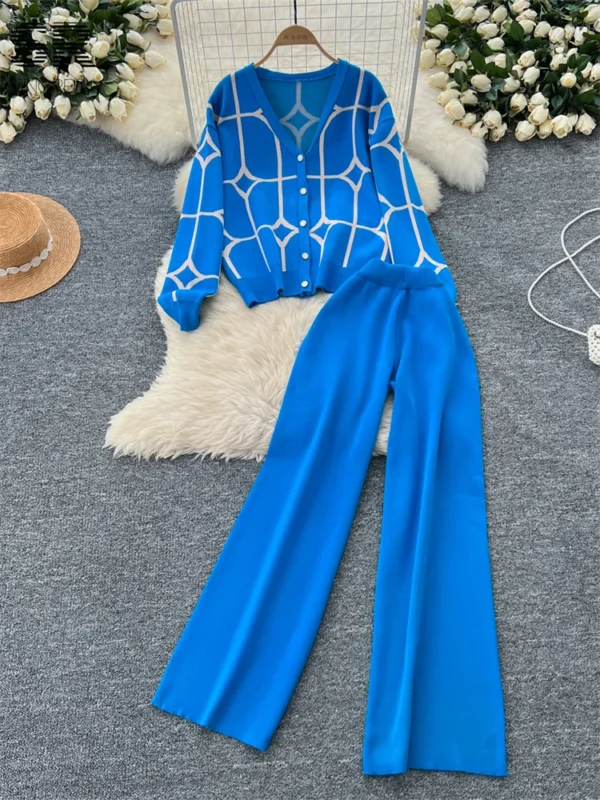 SINGREINY Basics Print Knit Two Pieces Sets Autumn Winter Single Breasted Cardigan+Wide Leg Long Pants Fashion Streetwear Suits - Image 4