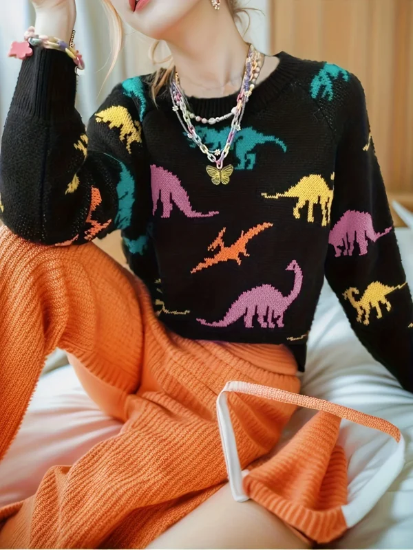 Dinosaurs Print Crew Neck Pullover Sweater Y2K Long Sleeve Color Block Knitted Sweater For Spring & Summer Women's Clothing