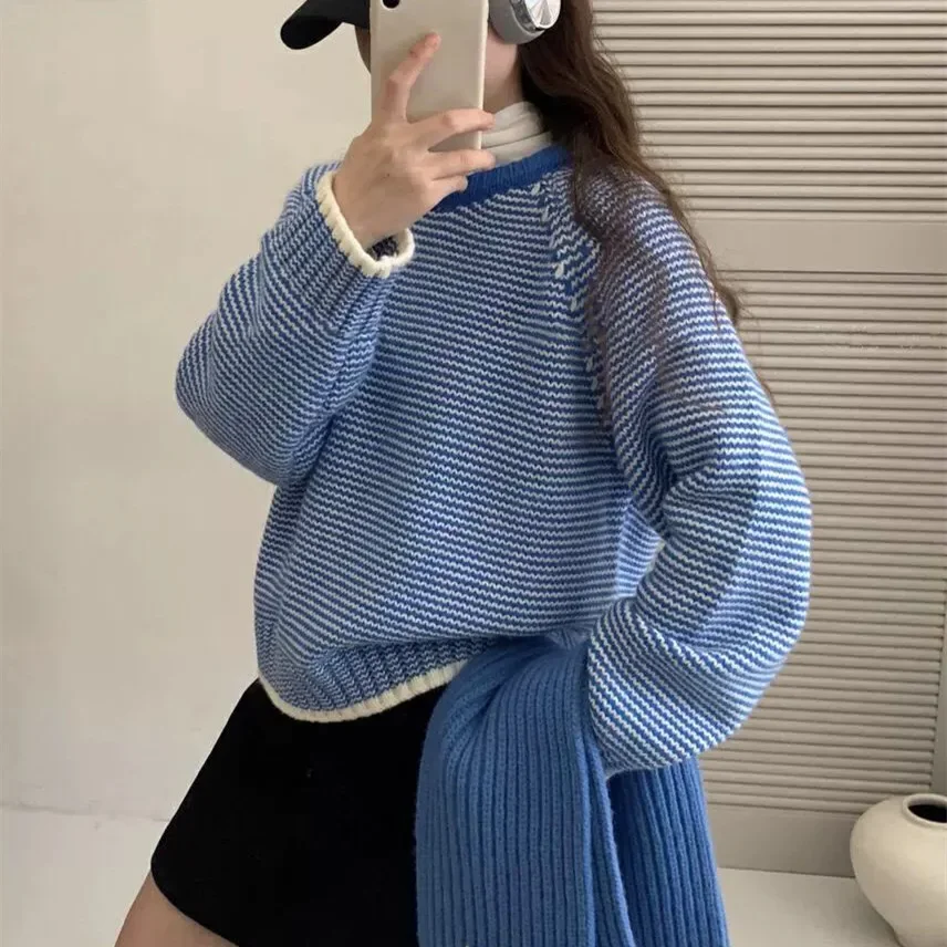 Pullovers Sweaters Women Top Knitted Blue Round Neck Casual Loose Jumpers Spring Y2k Tops Elegant Striped Knit Streetwear - Image 6