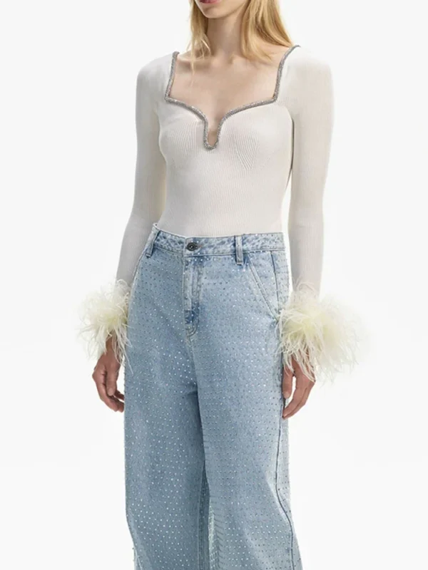 DEAT Fashion Women's Knitted Pullover Round Neck Slim Solid Color Feather Patchwork Sleeved Sweater Autumn 2025 New Tide 7AB2776 - Image 2