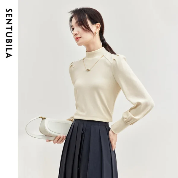 SENTUBILA Cotton Knit Slim Fit Pullovers Women 2025 Spring Hight Collar Pearl Chain Lanter Sleeve Elegant Tops Ladies 143H56768X - Image 4