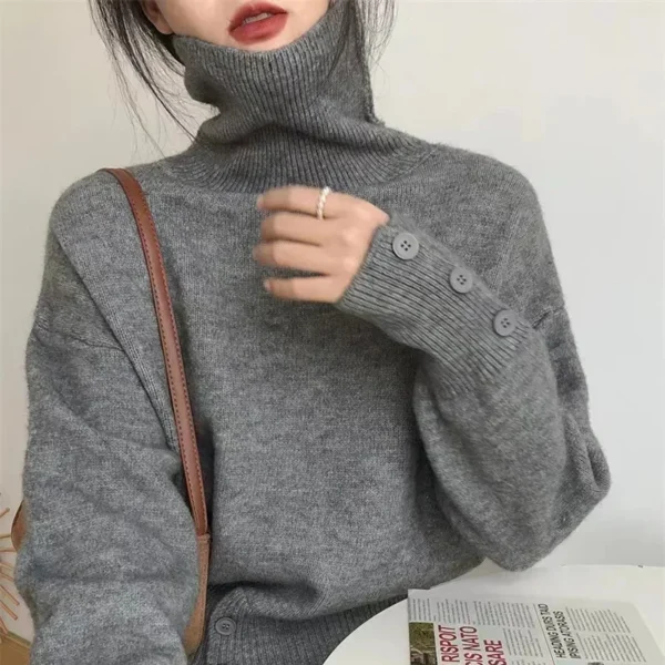Women Autumn Knitted Turtleneck Sweater Pullovers Casual Elegant Elastic Hem Single Breasted Buttons Cuffs Pullovers Jumpers Top - Image 2