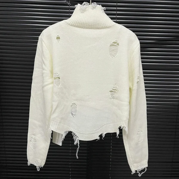 DEAT 2024 Autumn New Fashion Women's Pin Decorative Short Sweater Solid Color Turtleneck Hole Design Knitted Top Female 11A0698 - Image 3