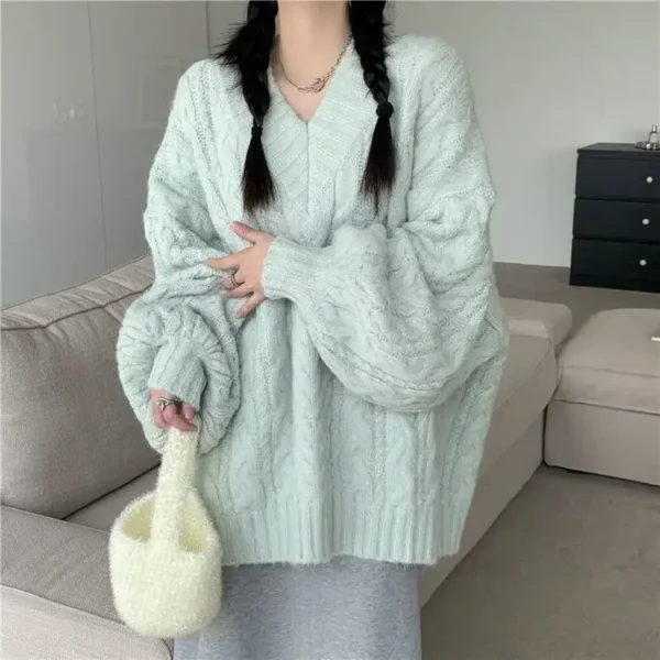 Women V Neck Thick Sweaters Knitted Twist Pullovers Jumpers Y2k Casual Loose Cute Solid Warm Tops Autumn Winter Streetwear - Image 3