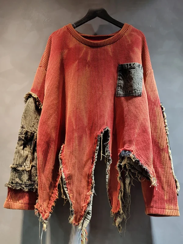 DEAT 2024 Autumn New Fashion Women's Pullover Long Sleeve Tie-dye Irregular Do Old Patchwork Vintage Loose Denim Sweater 29L8194 - Image 3