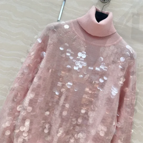 Women's sweater New autumn 2024 sequin embroidered high neck women's sweater 100% wool women's long sleeved top Elastic Knitwear - Image 4