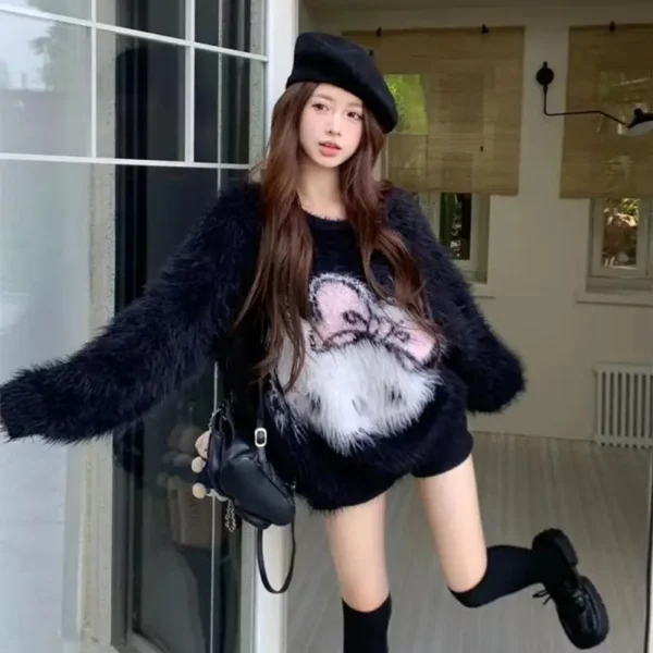 Kawaii Hello Kitty Sweater Sanrioed O-Neck Lazy Mujer 2024 Autumn Sweet Knitted Pullover Y2K Girls Waterproof Mink Tops Women - Image 5