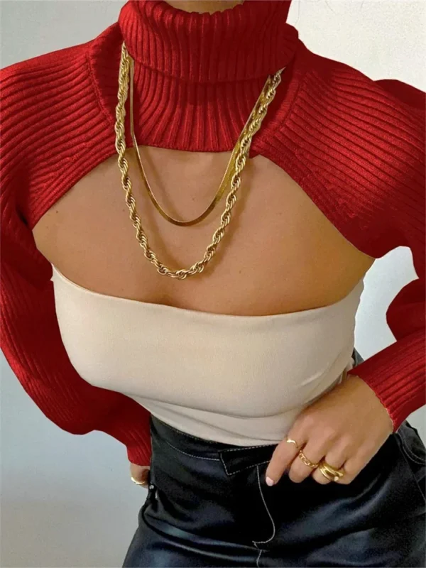 Fashion Women Extr-short Sweater Long Sleeve Mock Neck Knit Tops Fall Winter Shrug Knitwear - Image 3