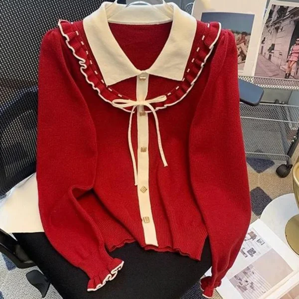 Women's Ruffled Long Sleeve Knitted Sweater Single Breasted Lapel Bowknot Tops - Image 4