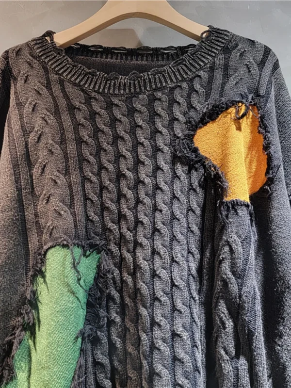 DEAT Women's Sweater Patches Design Burrs Tassel Vintage Loose O-neck Long Sleeve Pullover 2025 New Fashion Spring 33A1814 - Image 4