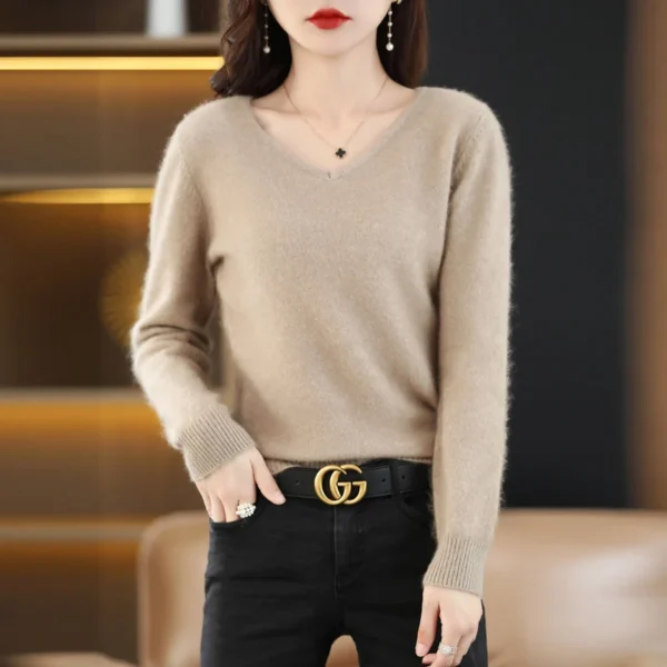 Women's Flat V-neck Mink Cashmere Sweater New Autumn/winter 2023 Knitted Loose Pullover Commuter Basic Knit Top - Image 3