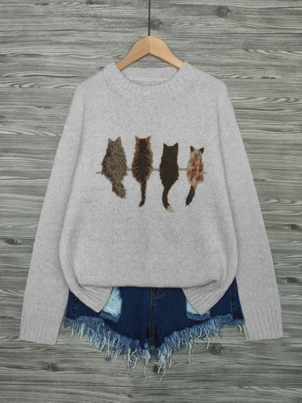 Round Neck Contrast Color Cat Print Loose Casual Woolen Pullover Top