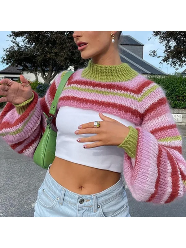 Women Knitted Shrug Sweater Casual Striped Loose Long Sleeves Half Turtleneck Pullover Crop Tops Streetwear - Image 3