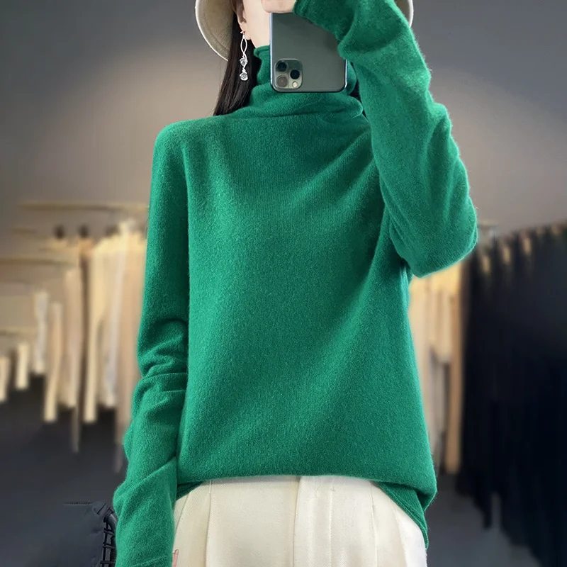 100% pure wool female turtle neck new solid color high-end loose Joker knit pullover
