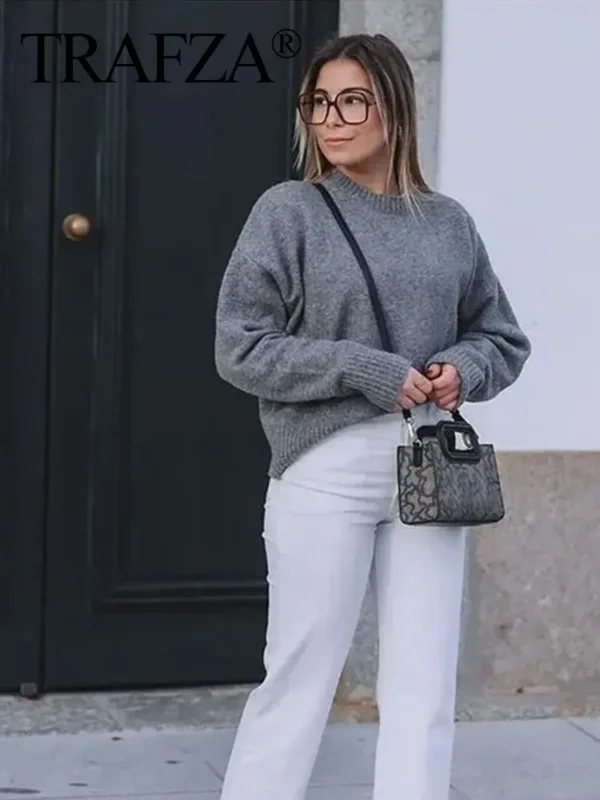 TRAFZA Autumn Winter Women Gray Pullover Sweaters Female Long Sleeve Loose Knit Jumper O-Neck Knitted Oversized Outerwear - Image 4