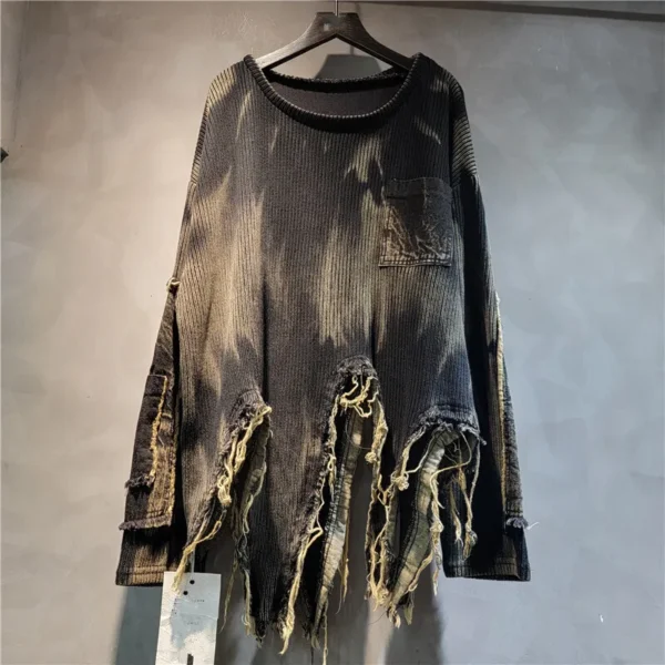 DEAT 2024 Autumn New Fashion Women's Pullover Long Sleeve Tie-dye Irregular Do Old Patchwork Vintage Loose Denim Sweater 29L8194 - Image 4