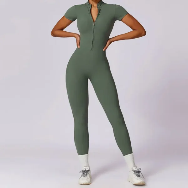Summer Short Sleeved Zippering One-Piece Yoga Suit Dance Fitness Workout Set Stretch Bodysuit Gym Clothes Push Up Sportswear - Image 5