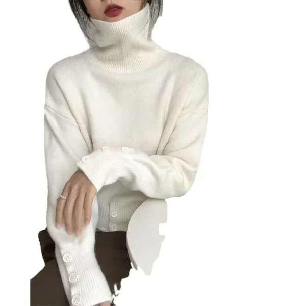 Women Autumn Knitted Turtleneck Sweater Pullovers Casual Elegant Elastic Hem Single Breasted Buttons Cuffs Pullovers Jumpers Top - Image 5