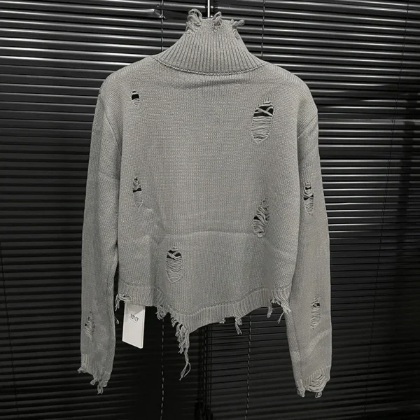 DEAT 2024 Autumn New Fashion Women's Pin Decorative Short Sweater Solid Color Turtleneck Hole Design Knitted Top Female 11A0698 - Image 5