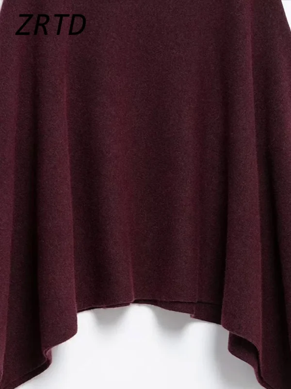 Elegant Women's Burgundy Cloak Turtleneck Sweater Vintage Loose Knit Raglan Sleeve Pullovers 2024 Autumn Lady All-match Knitwear - Image 6