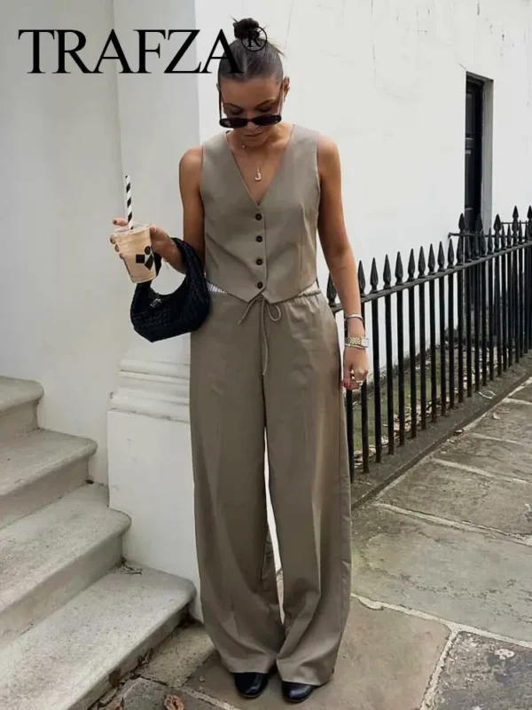TRAFZA Women Solid Causal Pant Sets Single Breasted Vest + Elastic Waist Drawstring Trousers Summer Female Fashion Streetwear - Image 3