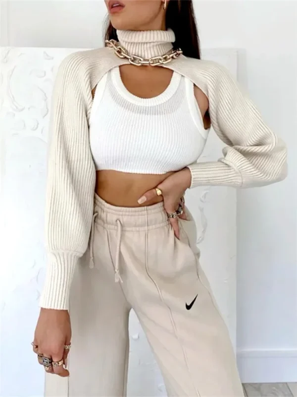 Fashion Women Extr-short Sweater Long Sleeve Mock Neck Knit Tops Fall Winter Shrug Knitwear - Image 6