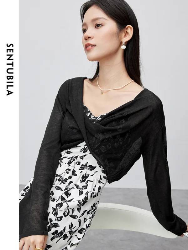 SENTUBILA Casual Cropped V-neck Knitted Pullovers 2024 Summer Fashion Loose Thin Soft Long Sleeve Top Woman Clothing W42H55450 - Image 5