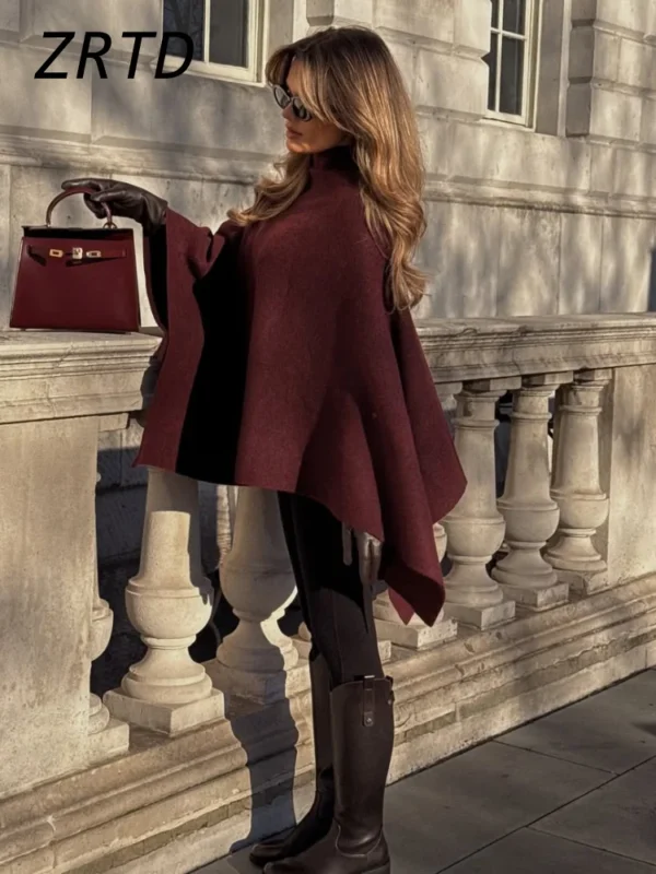 Elegant Women's Burgundy Cloak Turtleneck Sweater Vintage Loose Knit Raglan Sleeve Pullovers 2024 Autumn Lady All-match Knitwear - Image 4