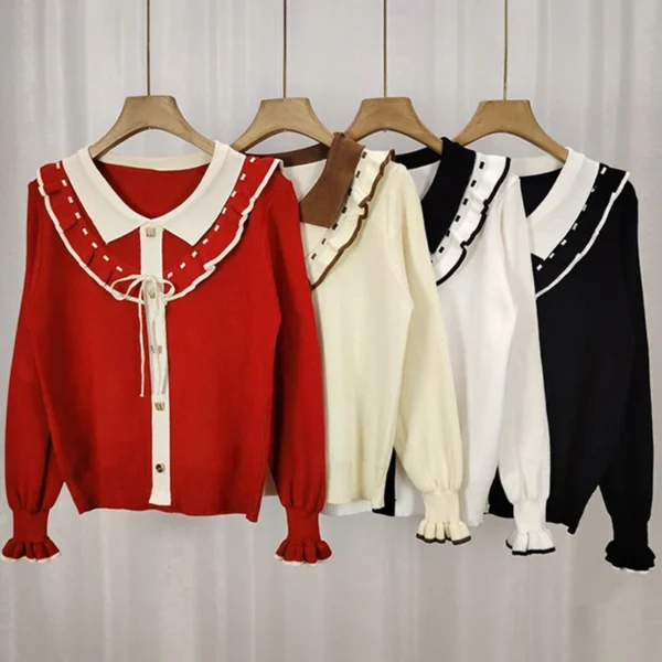 Women's Ruffled Long Sleeve Knitted Sweater Single Breasted Lapel Bowknot Tops - Image 5