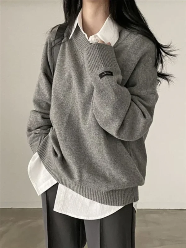 REALEFT Autumn Winter Black Oversize Women's Sweater 2024 New Casual Loose Long Sleeve V-Neck Sweaters Knitted Pullover Female - Image 3