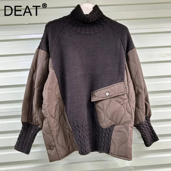 DEAT Fashion Women's Knitted Spliced Pullovers Loose Turtleneck Long Sleeve Pocket Sweaters Female 2024 New Items Autumn 29L8680