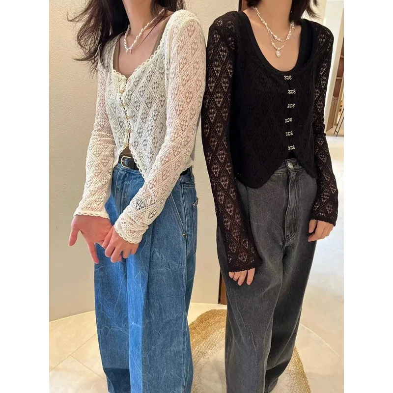 LUXURY Long Sleeve Hollow Out Knit Top, Korean Niche, Thin, Single Breasted, High Quality, Spring, Summer, Brand New, 2025 - Image 4