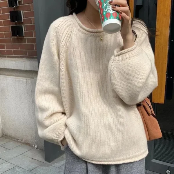 Korean rolled edge solid color pullover sweater for women gentle and loose knit top versatile and lazy soft and sticky sweater