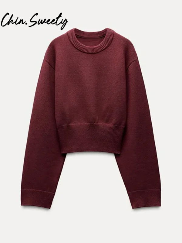 Women's Solid Knitted Crop Sweater Y2K O-neck Long Sleeve Pleated Female Short Pullover 2025 Spring Lady All-match Knitwear - Image 6