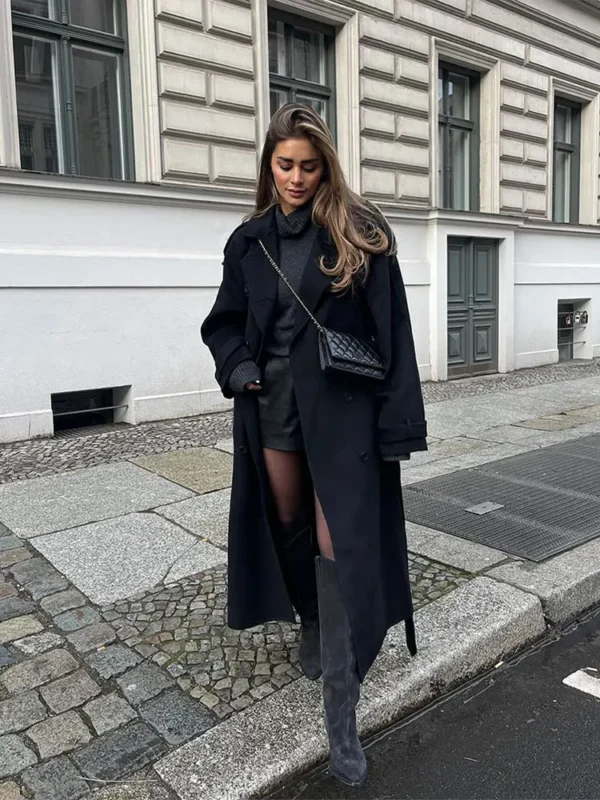 Elegant With Belt Black Long Coat For Women Oversize Woolen Double Button Lapel Overcoat Autumn New Lady High Street Outerwear - Image 6