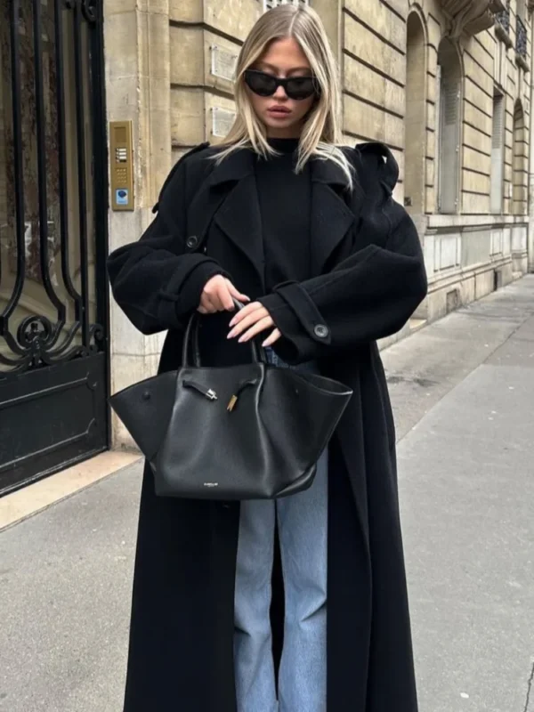 Elegant With Belt Black Long Coat For Women Oversize Woolen Double Button Lapel Overcoat Autumn New Lady High Street Outerwear - Image 3