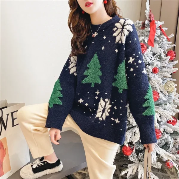 2024 Autumn Winter Christmas Sweater New Korean Thickened Color Blocked Women Hoodie Snowflake Loose Round Neck Lazy Style Tops - Image 3