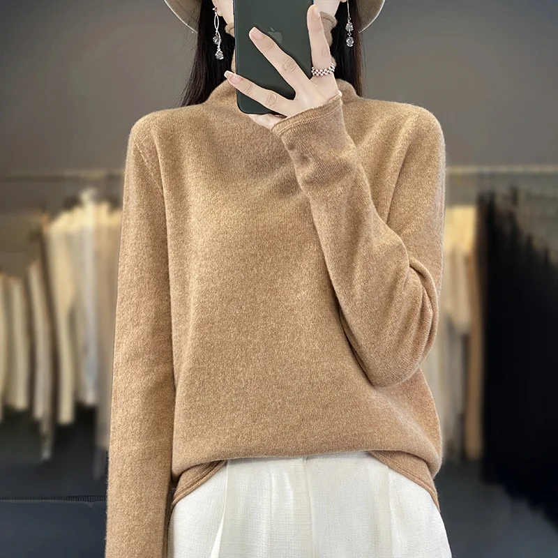 100% pure wool female turtle neck new solid color high-end loose Joker knit pullover - Image 3