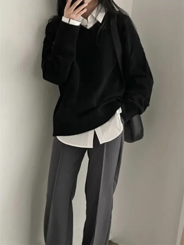REALEFT Autumn Winter Black Oversize Women's Sweater 2024 New Casual Loose Long Sleeve V-Neck Sweaters Knitted Pullover Female - Image 6