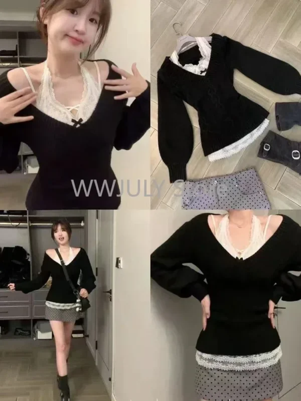 Autumn Winter Women 2000s Aesthetic Gyaru Chic Korean Y2k Two Piece Sets Jumper Sweater Long Sleeve Coquette Knitwears Style - Image 4