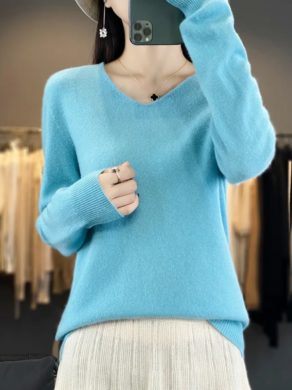 Women New 100% Merino Wool Sweater V-neck Pullover Autumn Winter Casual Knit Tops Solid Color Regular Female Cashmere Clothing - Image 3