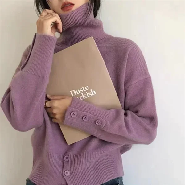 Women Autumn Knitted Turtleneck Sweater Pullovers Casual Elegant Elastic Hem Single Breasted Buttons Cuffs Pullovers Jumpers Top - Image 4