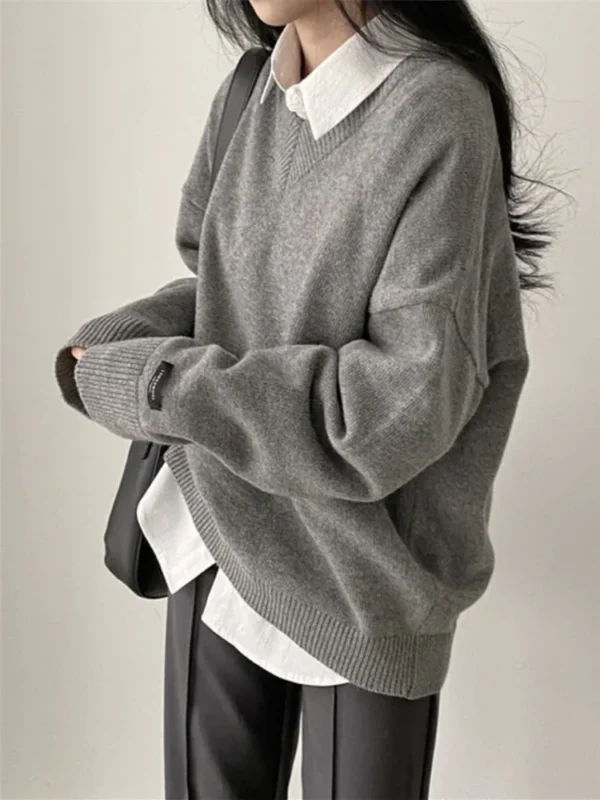 REALEFT Autumn Winter Black Oversize Women's Sweater 2024 New Casual Loose Long Sleeve V-Neck Sweaters Knitted Pullover Female - Image 5