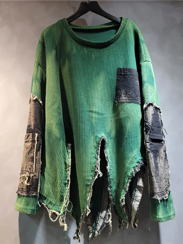 DEAT 2024 Autumn New Fashion Women's Pullover Long Sleeve Tie-dye Irregular Do Old Patchwork Vintage Loose Denim Sweater 29L8194 - Image 2