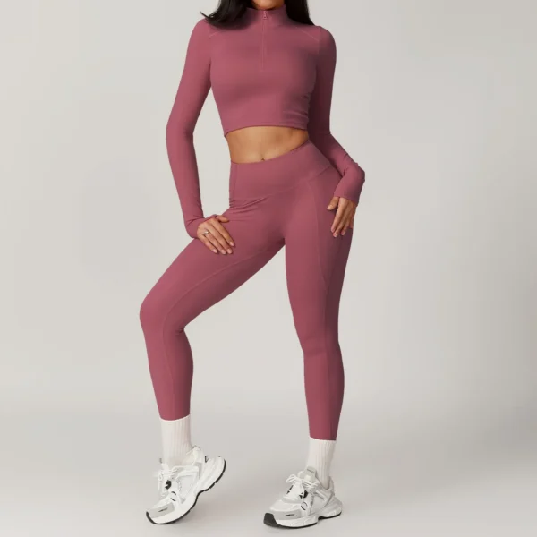 2 Pieces Women Yoga Set Zipper Long Sleeve Crop Top High Waist Leggings Sports Suits Workout Sportswear Gym Clothing Fitness - Image 6